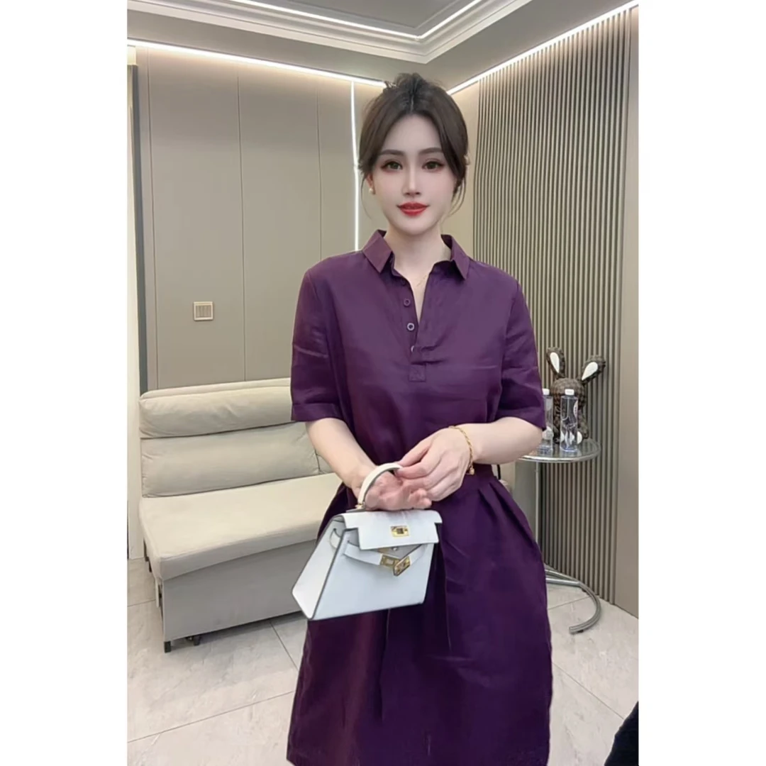 1025-夏季新款洋气系带亚麻显瘦polo领纯色连衣裙休闲显瘦衬衫裙