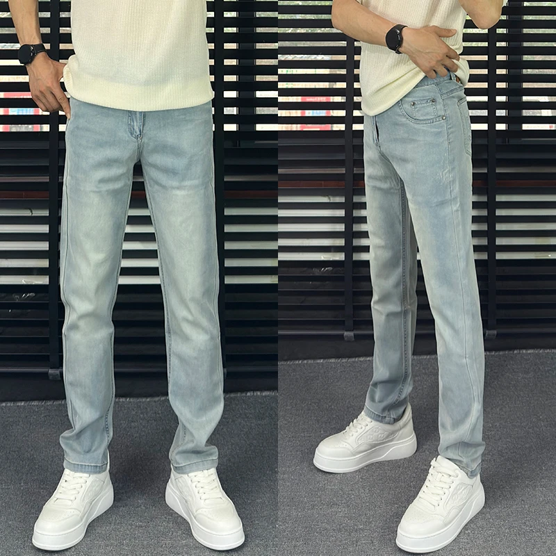 2025夏季新款宽松直筒美式高街弹力浅色美式牛仔裤男士休闲百搭