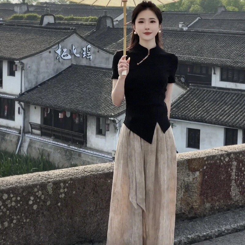 2025夏季新款新中式国风套装女盘扣立领短袖上衣搭阔腿裤两件套