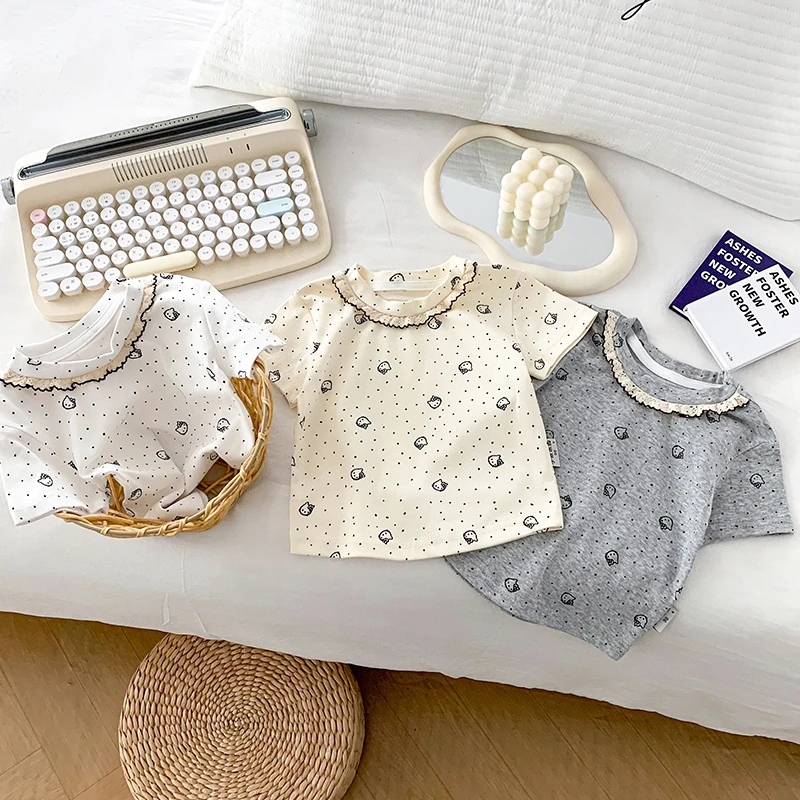 1036Kt猫上花边女印花辣妹吸汗夏季女性短袖T恤上衣女童碎花女宝