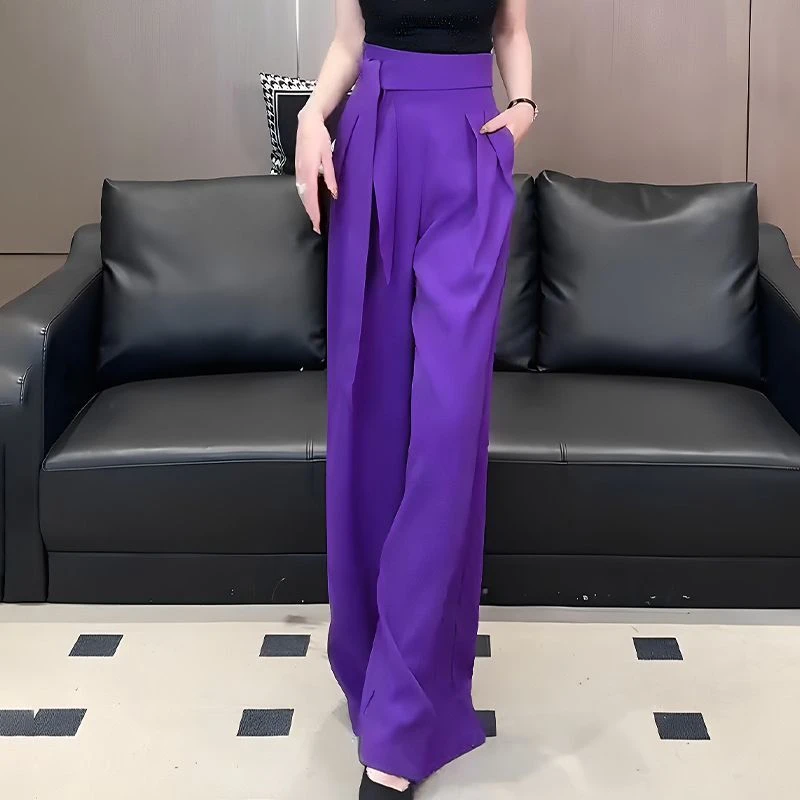 紫色广场舞裤子西装休闲裤女2025夏季新款绑带气质减龄大码阔腿裤