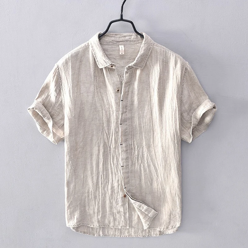 Cebrodz国潮时尚休闲薄款亚麻短袖男夏季复古透气T恤大V立领衬衫