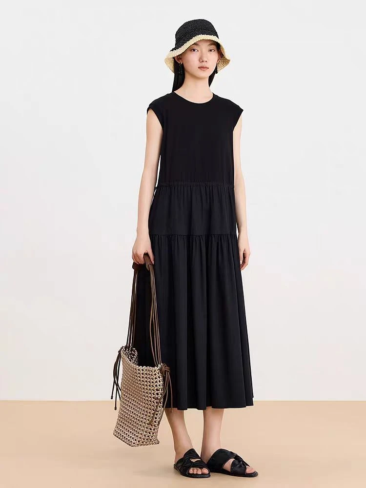 重磅100棉~女春夏公主风无袖A字褶皱圆领廓形连衣裙(B4-2)8863