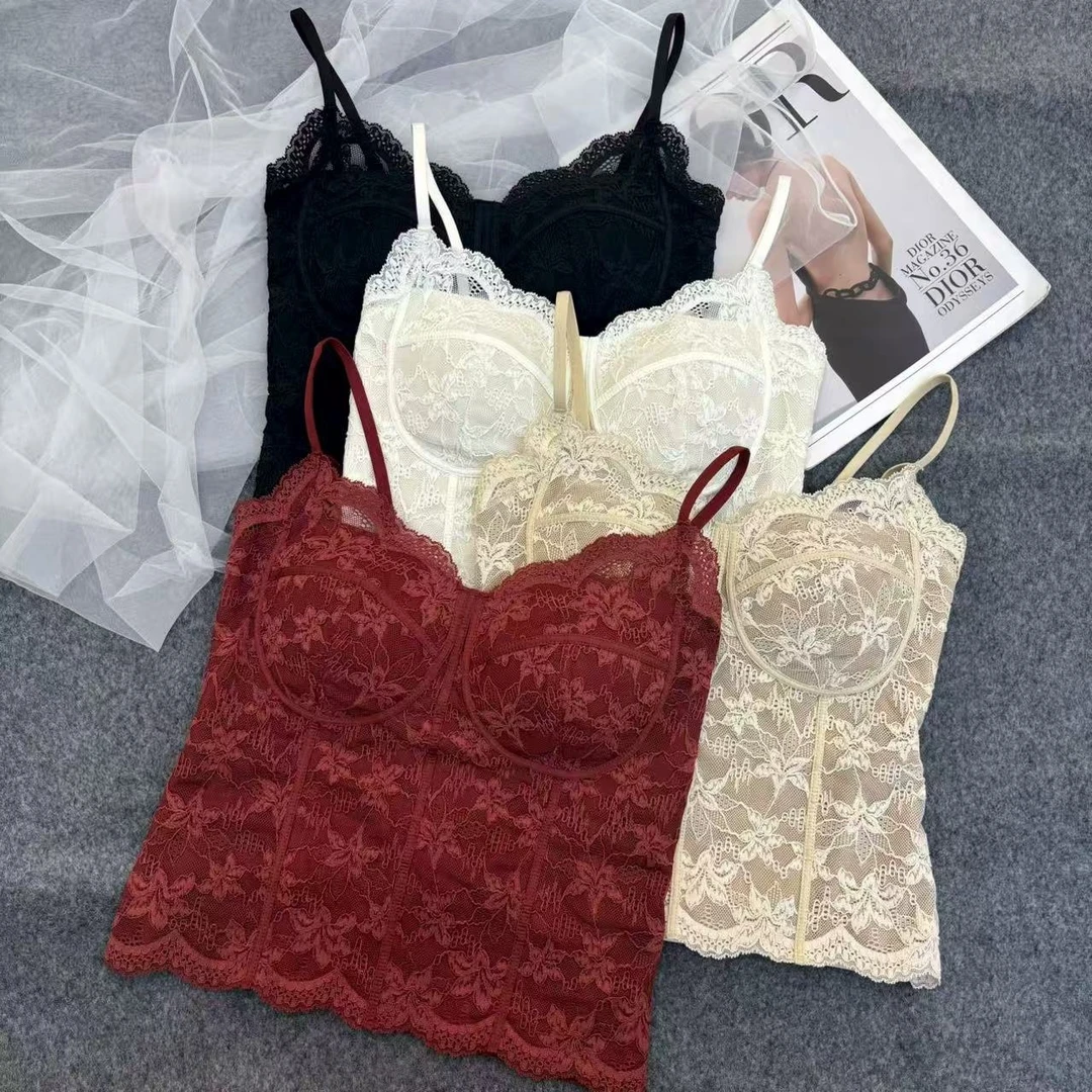 网红爆款6100法式轻奢高级感蕾丝美背吊带一体固定杯外穿甜辣背心