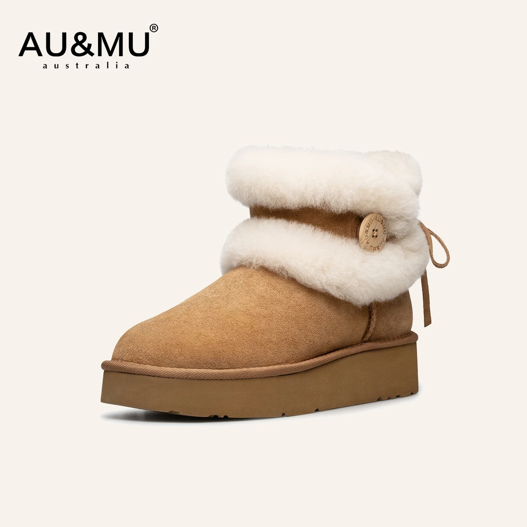AUMU澳洲羊皮毛一体雪地靴女时尚加绒厚底真皮流苏翻毛短筒靴3123