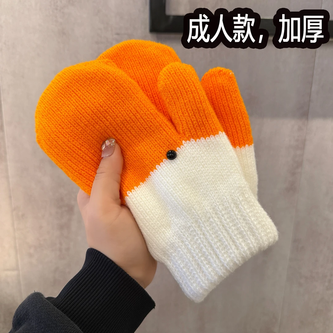 2025可爱搞怪拼色毛线连指手套女秋冬季保暖加绒加厚防寒情侣学生