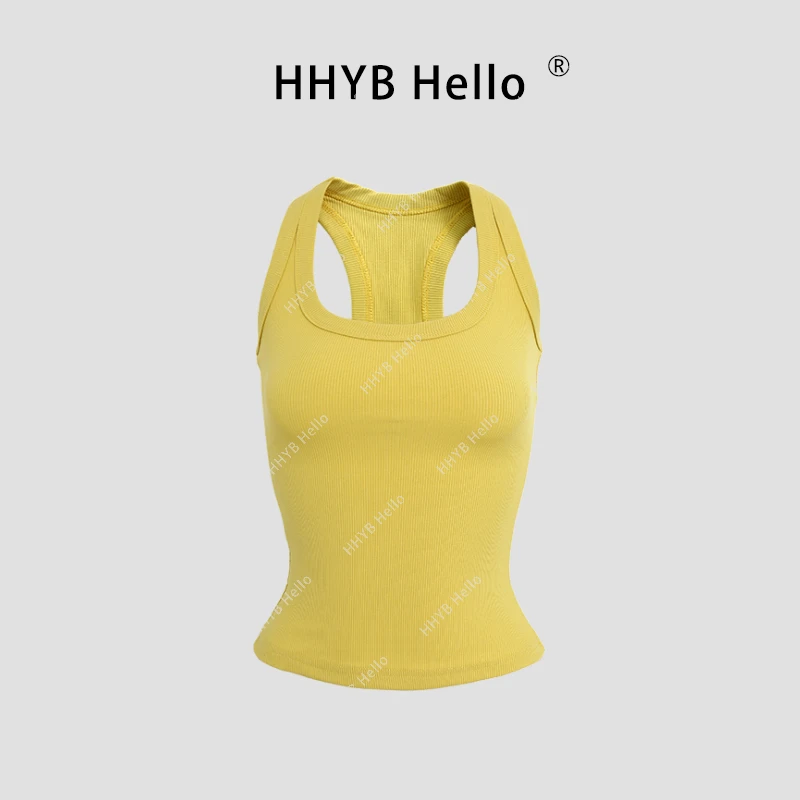 HHYB Hello2025春夏新款螺纹纯色方领螺纹挂脖背心吊带253008