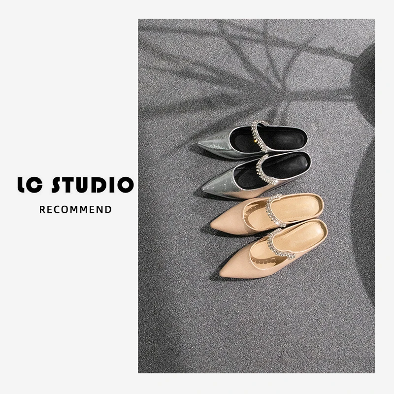 【老曹说鞋】内增高平底水钻包头半拖鞋女夏外穿法式尖头凉拖穆勒鞋