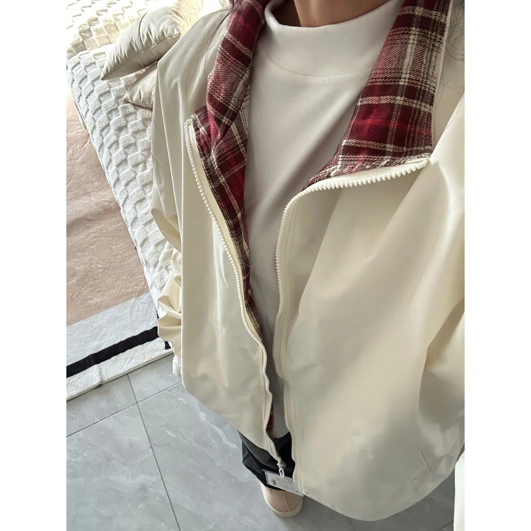 美式复古红色格子外套男款春季拼接撞色翻领棒球服潮牌情侣装夹克