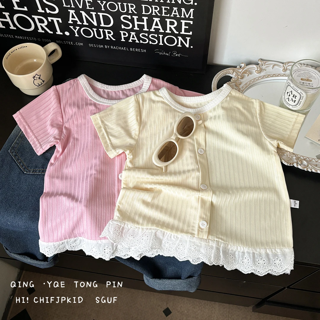 女童夏季柔软冰丝上衣凉滑透气吸汗蕾丝花边公主短袖儿童夏装宝宝