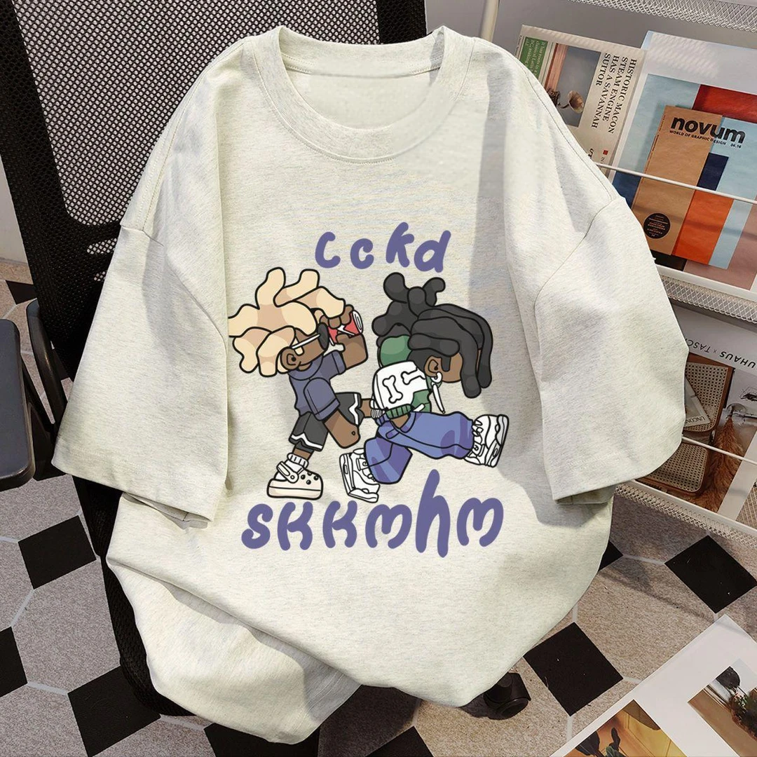 100%纯棉美式街头人物字母印花短袖男女潮牌t恤夏季百搭宽松上衣