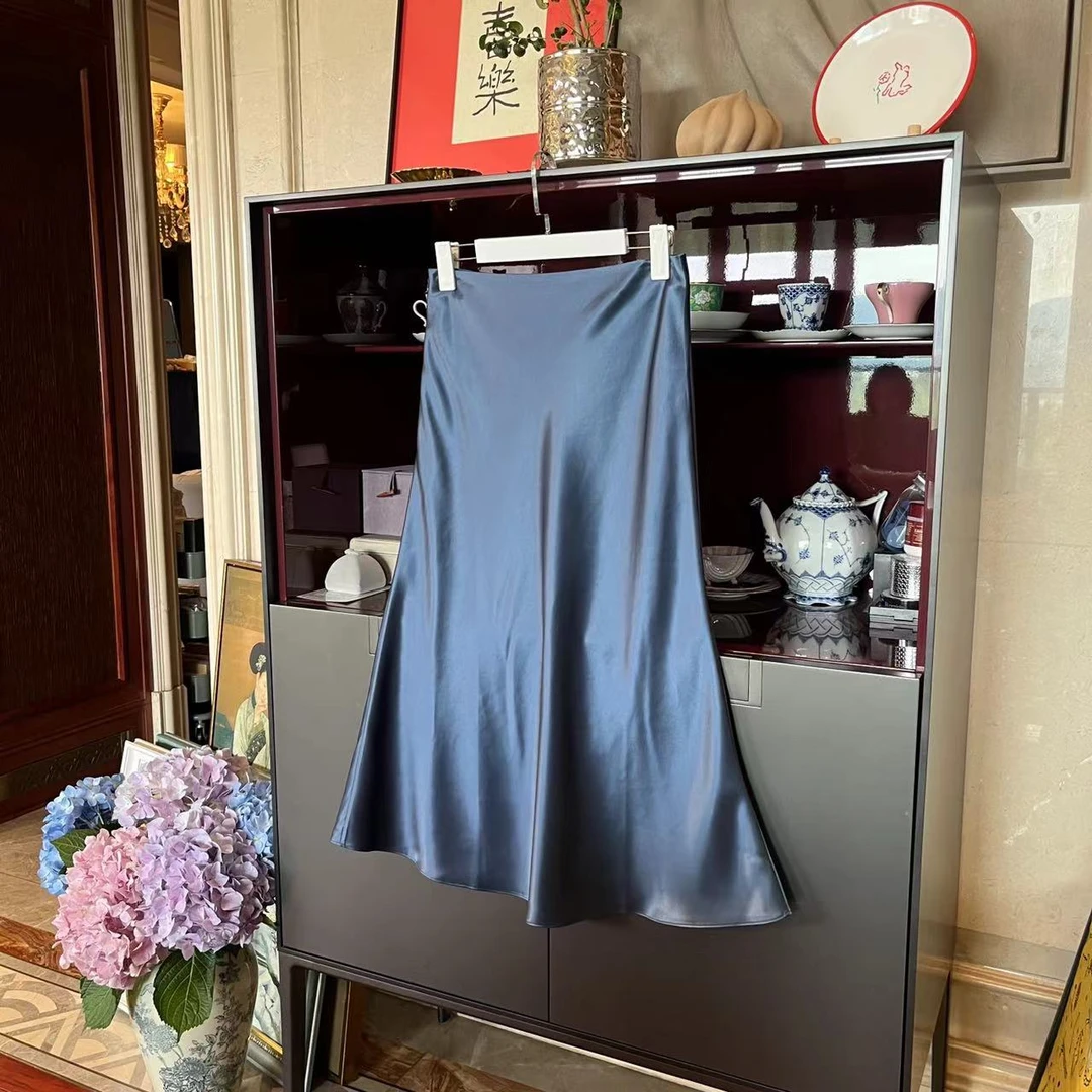 MYL2024春季新品醋酸蓝色半身裙中腰休闲气质时尚A摆半裙