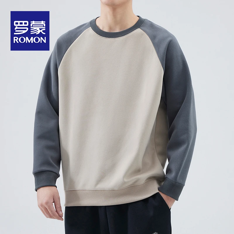 罗蒙2025新款休闲卫衣男款春秋季潮流简约拼色外套宽松长袖打底衫