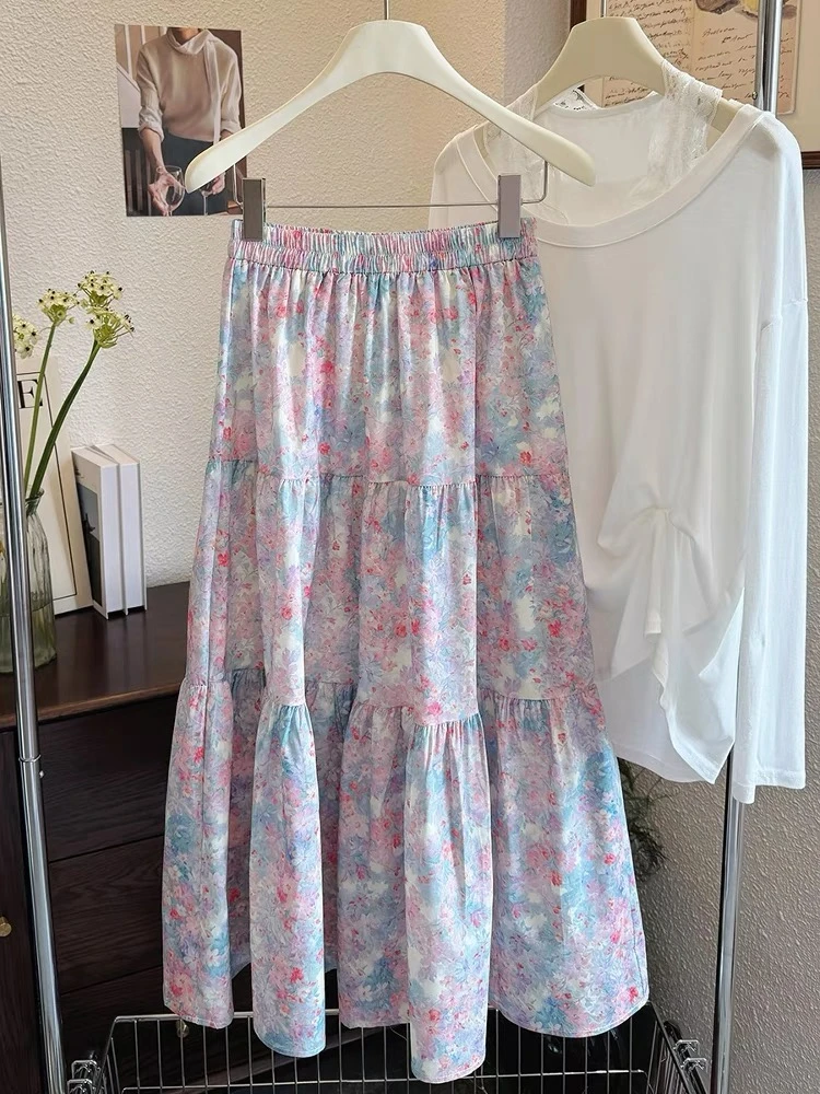 花园田园浪漫气息艺术印花半身裙中长款A字伞裙拼接碎花裙子