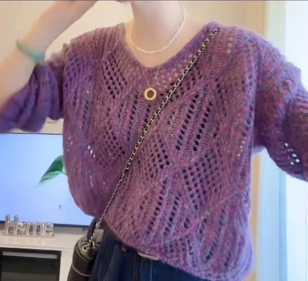 2025早秋季新款气质长袖针织衫时尚宽松套头镂空V领百搭洋气上衣