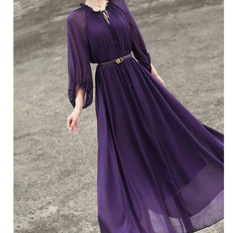 2025春季新款气质优雅灯笼袖收腰系带钉珠紫色大摆连衣裙女S6233