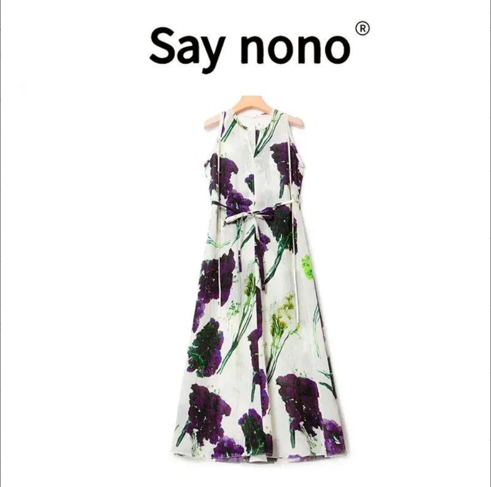 懒猫nonolSaynono多巴胺印花腰部造型无袖飘带束腰连衣裙LSQ23350