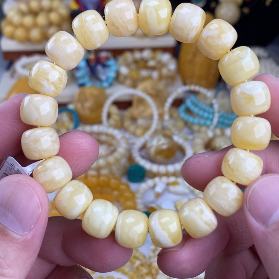 蜜蜡未镶嵌手链瓷白白底虎皮纹12mm