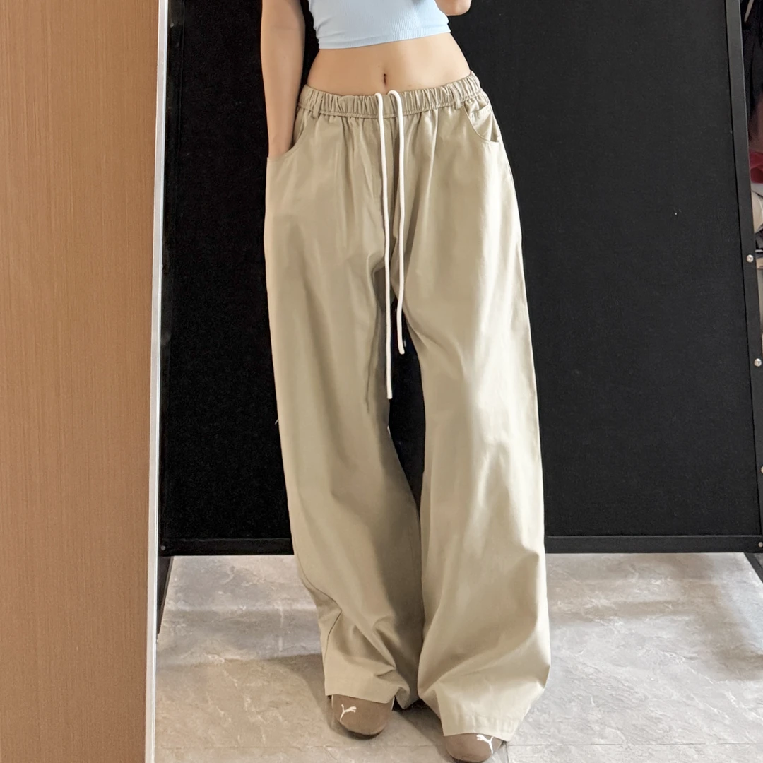 DAYOFF-美式复古宽松阔腿裤松紧腰抽绳百搭直筒休闲裤加长