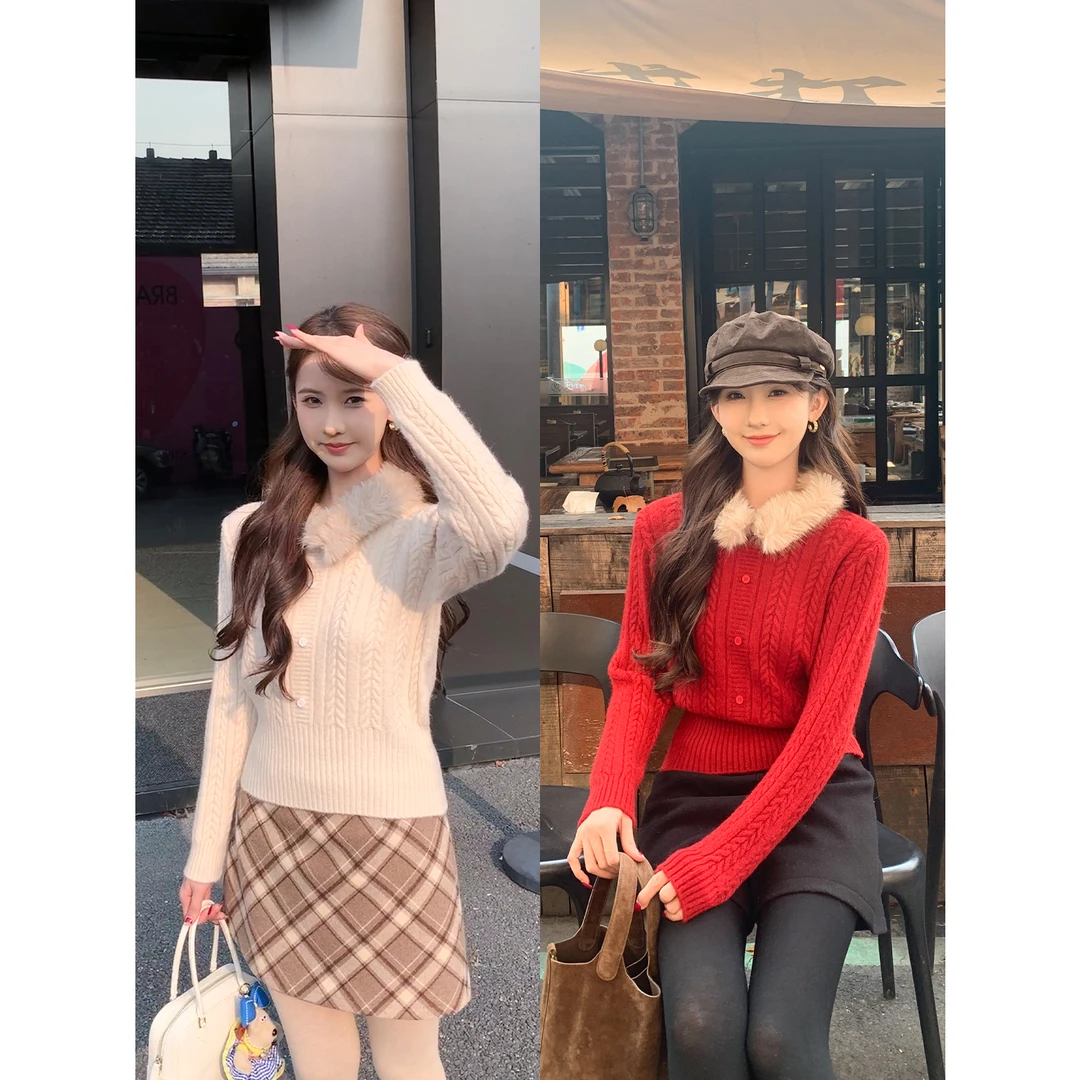 SHAOER【恋恋心语】法式可拆卸毛领麻花百搭针织毛衫S725Z21724