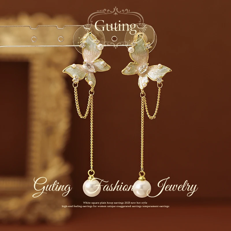 铜合金合成锆石耳饰 21019微镶蝴蝶流苏耳环女耳钉2025年新款耳饰