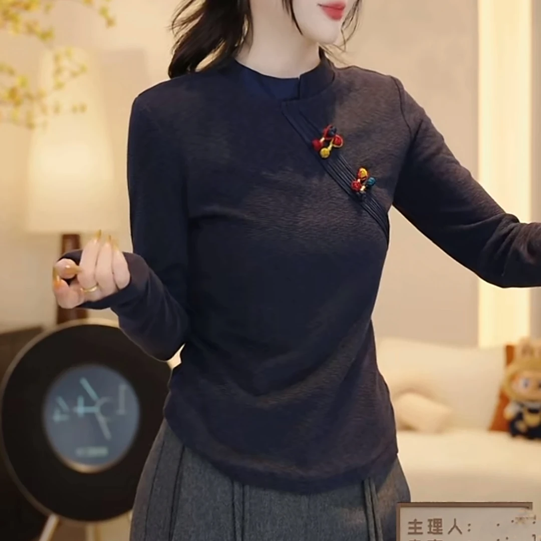 『锦绣芳华』2025秋季新款新中式彩扣立领设计感百搭打底衫复古上衣
