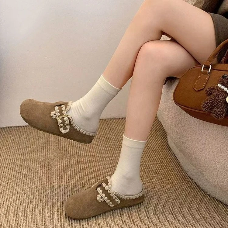 平底圆头花边单鞋女款2025年秋季新款复古绒面博肯鞋百搭休闲女鞋