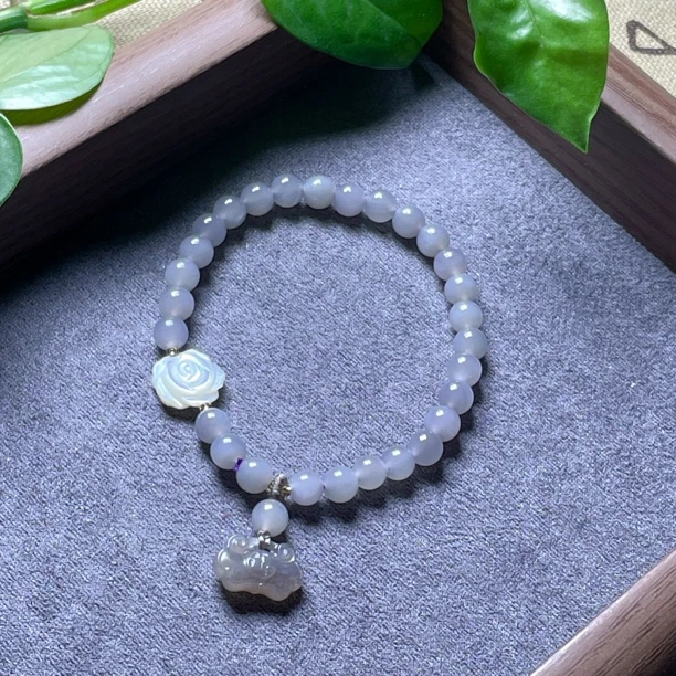 0384轻轻烟雨 和田玉烟紫灰单圈如意锁手链