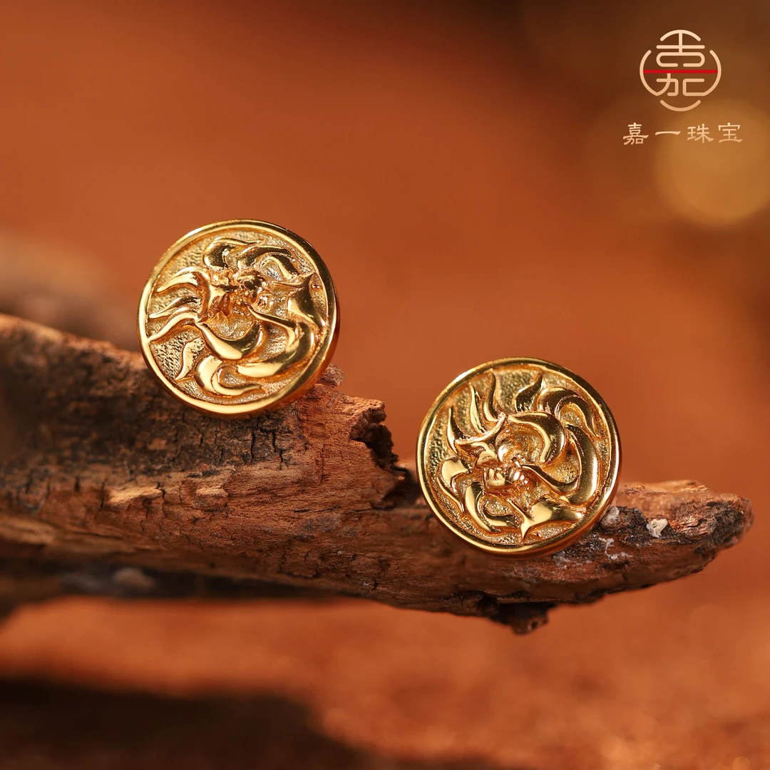 925银耳饰 【嘉一昭愿】凤九银耳钉原创精工金色复古男女款
