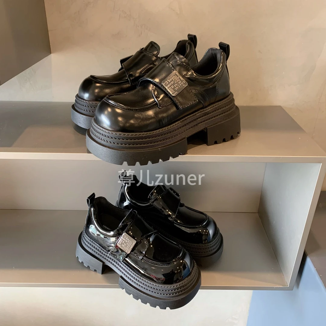 尊儿2025春季新款小个子厚底欧货擦色圆头乐福鞋魔术贴爆款小皮鞋