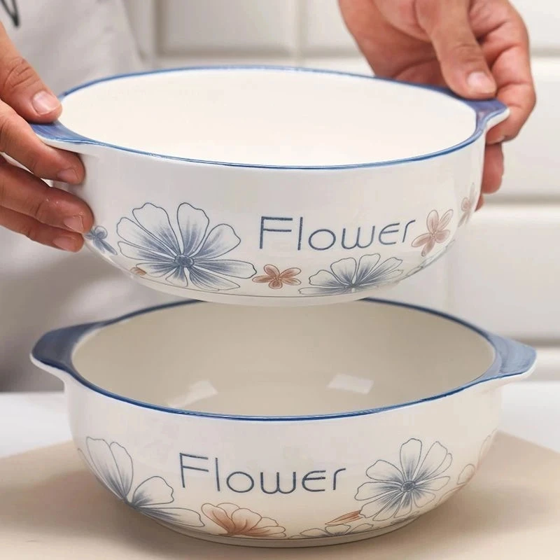 10.5英寸兰棕大花耐高温酸菜鱼双耳大汤盆陶瓷釉下彩汤碗和面盆