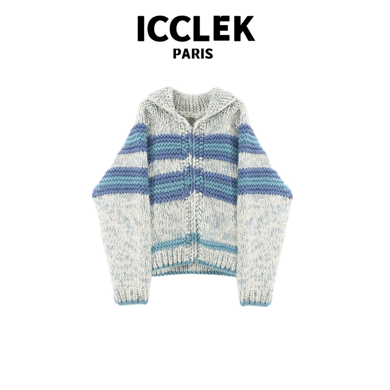 ICC 白撞蓝套头针织衫 长袖 灰色 名媛 -7006