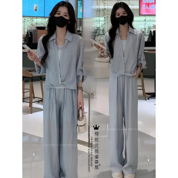 时尚休闲套装女士夏季新款洋气防晒薄款衬衫背心阔腿裤减龄三件套