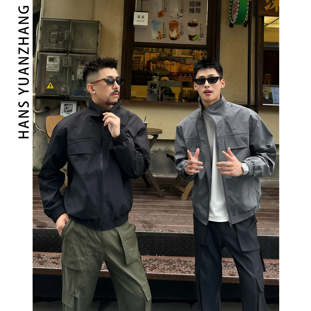 Hans院长 秋季立领防风长袖纯色夹克潮流工装欧美简约风宽松外套