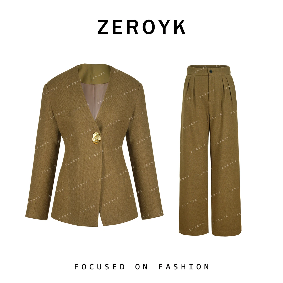 翎蔻2025秋冬新款气质高级感精纺羊毛西服直筒裤两件套