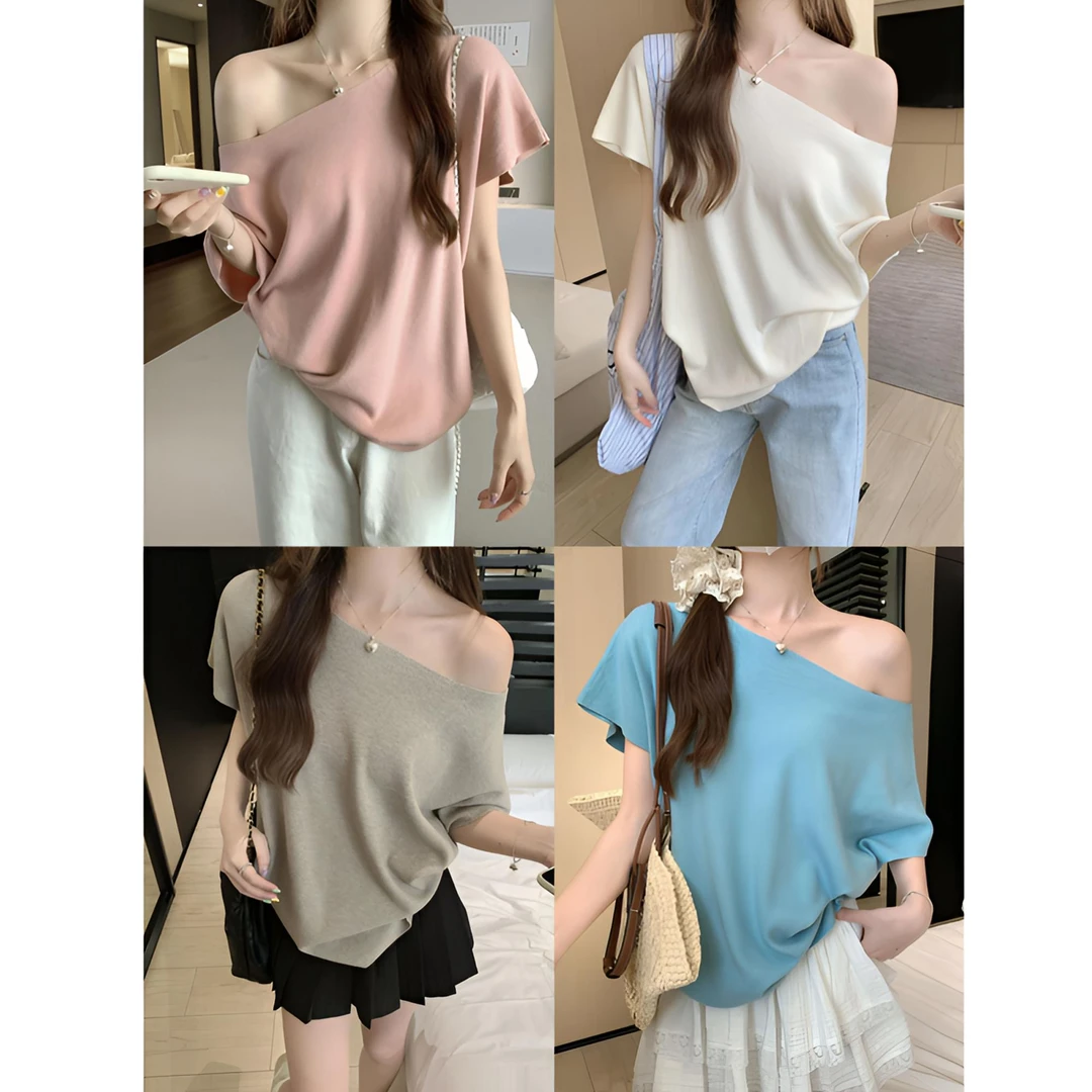 2025新款斜肩蝙蝠袖针织T恤女夏季百搭慵懒宽松显瘦设计感上衣