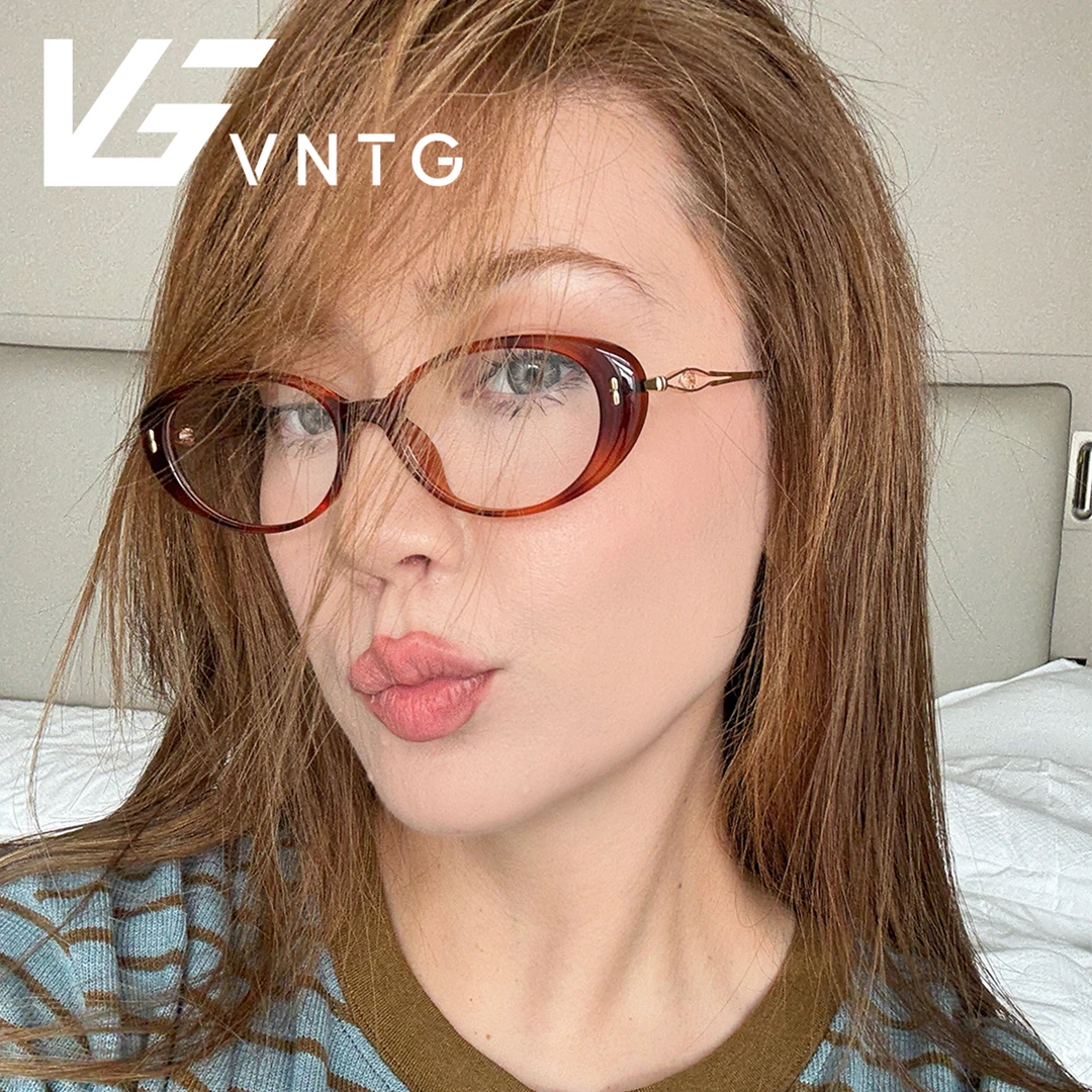 vntg眼镜架复古猫眼玳瑁色全框平光镜近视眼镜镶钻不锈钢框架眼镜