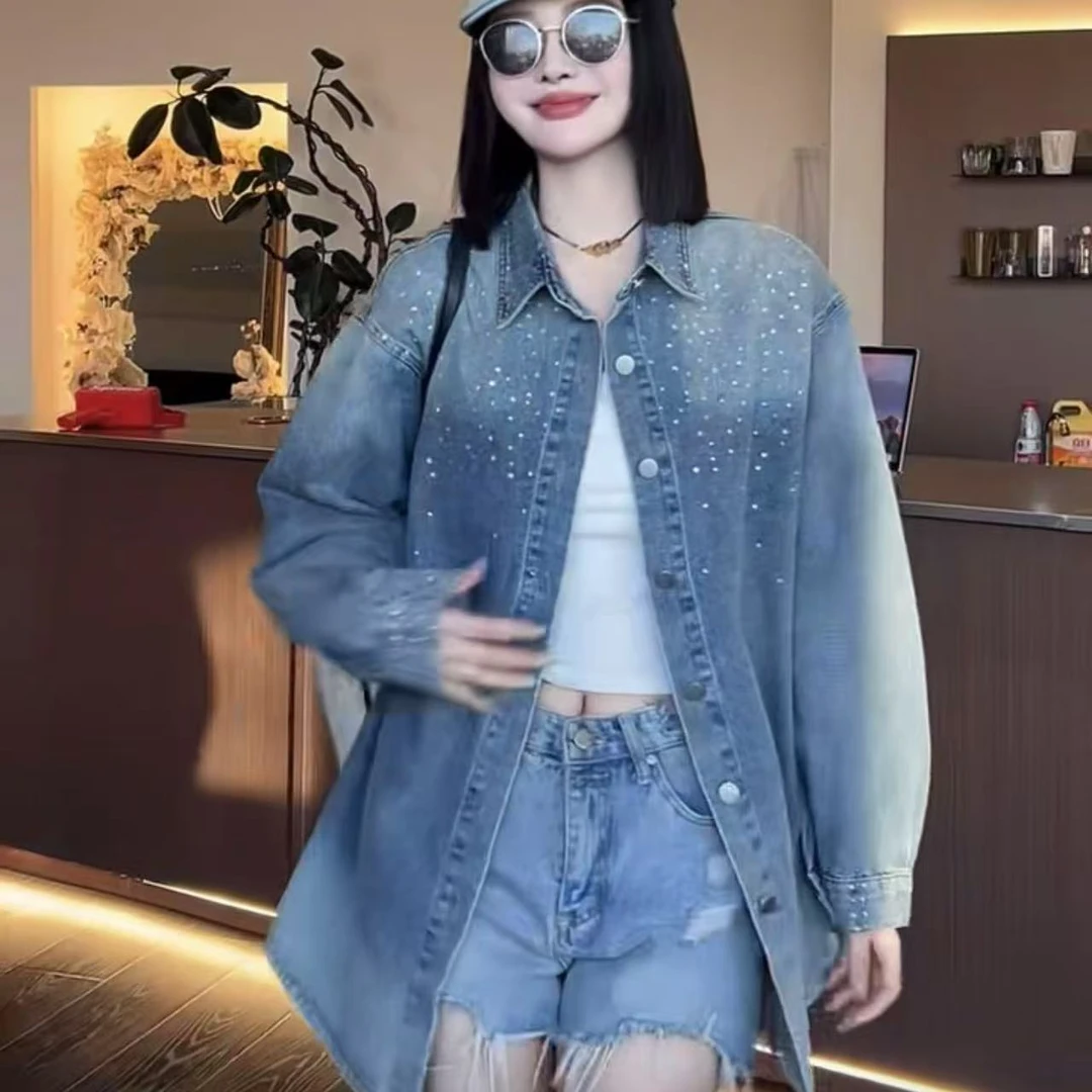 胖胖家*6001新款重工钉珠翻领百搭显瘦渐变色衬衫