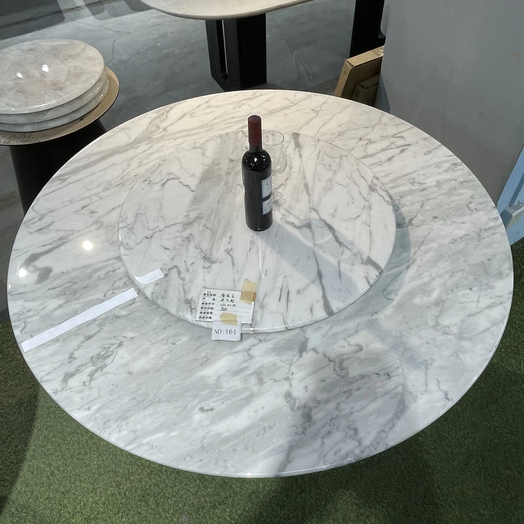 光电彩虹天然奢石餐桌雪花白1.35米圆桌现货