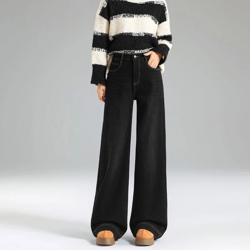高个子冬季加绒高腰女牛仔裤加长大码阔腿裤直筒裤长裤黑色拖地裤