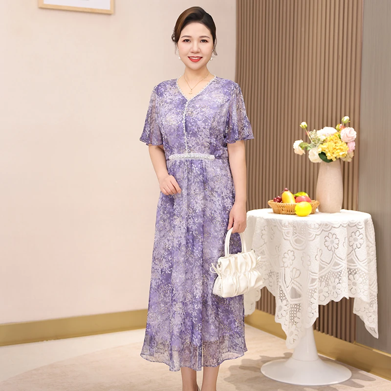 2025夏季薄款雪纺连衣裙大码高贵气质中老年女装母亲节送妈妈裙子