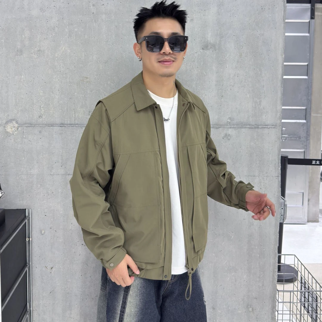 秋季男潮流夹克假两件薄款男士通勤风工装夹克翻领5820