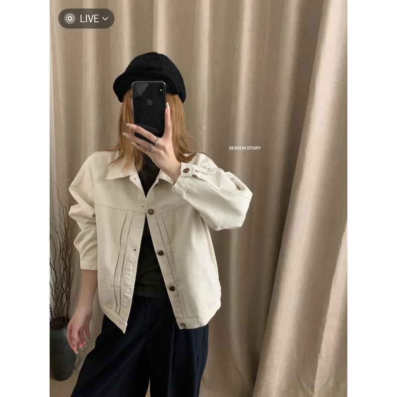 SS/SEASON STORY 小众翻领休闲夹克外套原胚色压褶单排扣牛仔外套