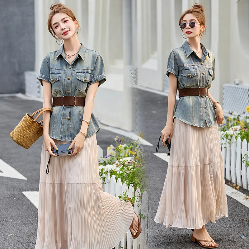 牛仔套装裙女夏高级感法式复古收腰短袖衬衫时尚洋气半身裙两件套