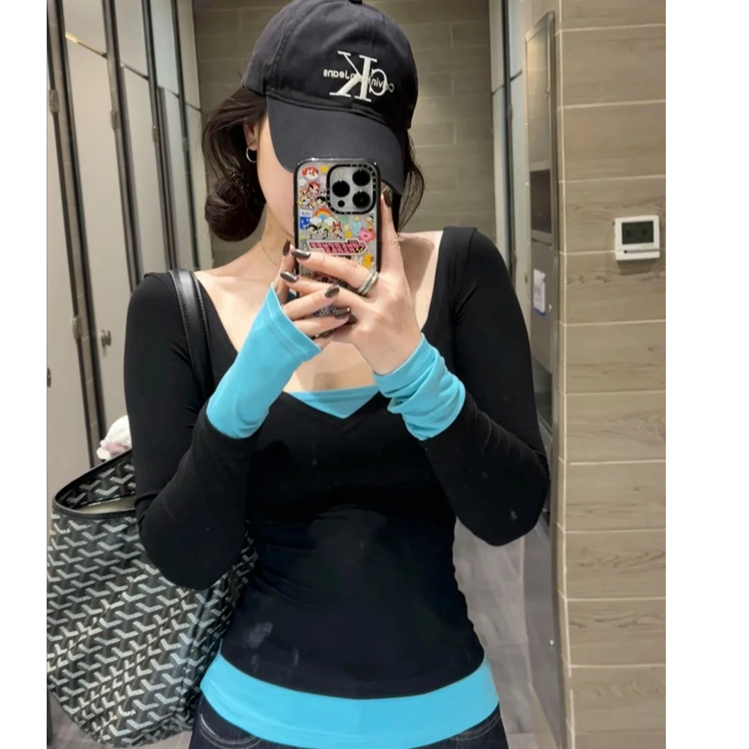 现货现发~春季V领撞色设计感假两件撞色修身T恤辣妹显瘦上衣