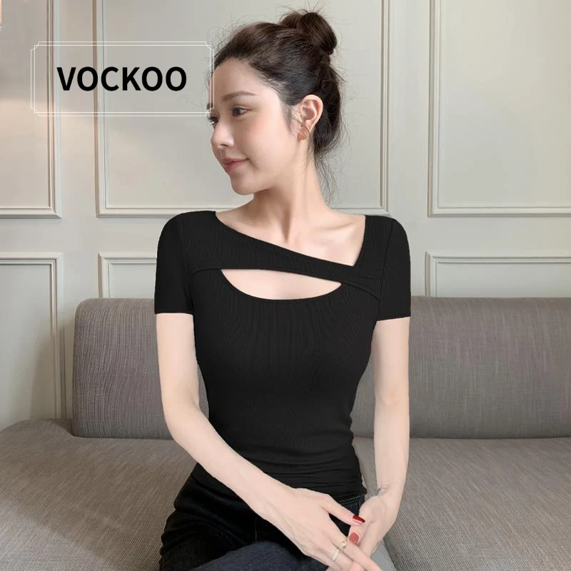 VOCKOO黑色t恤女短袖2025新款春夏季螺纹内搭修身显瘦正肩外穿镂