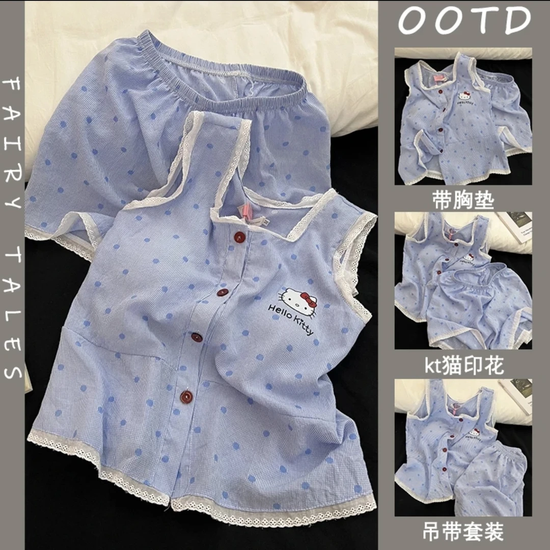 带胸垫日系kt猫印花睡衣女夏季新款波点花边可外穿吊带家居服套装