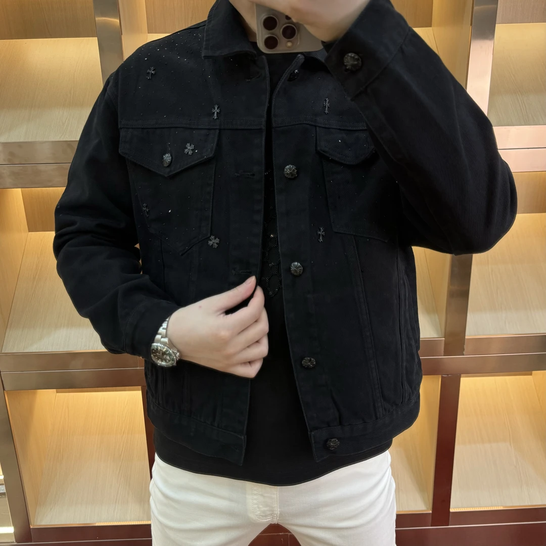 男士牛仔翻领烫钻微阔满天星秋季夹克港风帅气风格