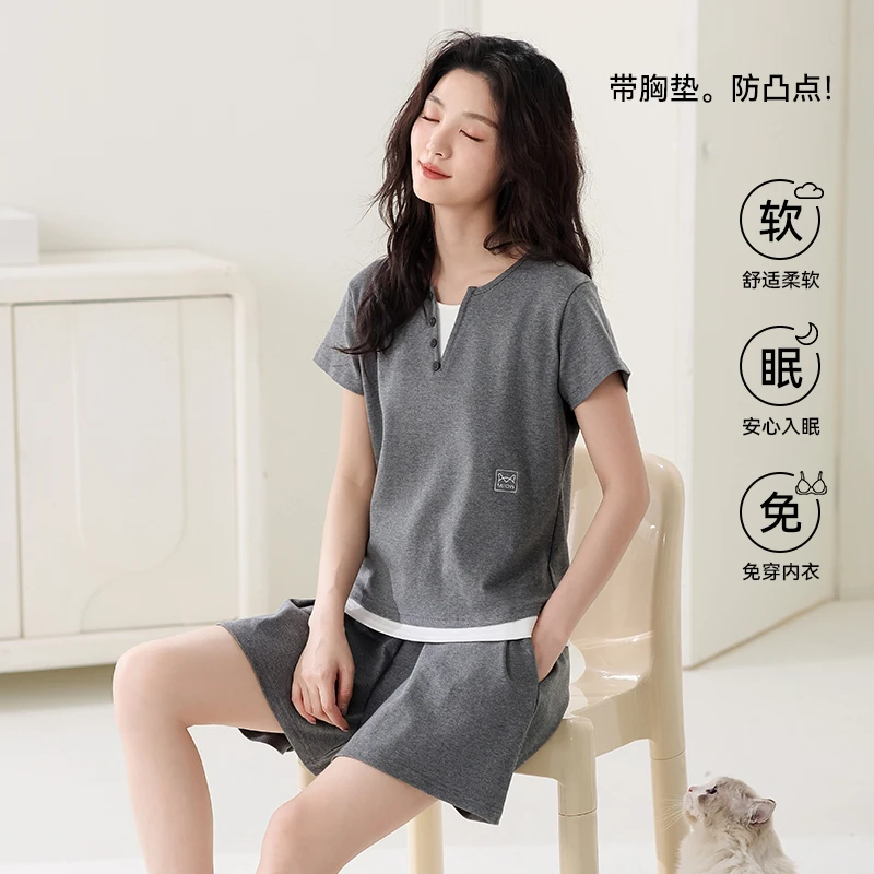 愉生活睡衣女士夏季假两件纯棉慵懒感简约高级短袖短裤家居服套装