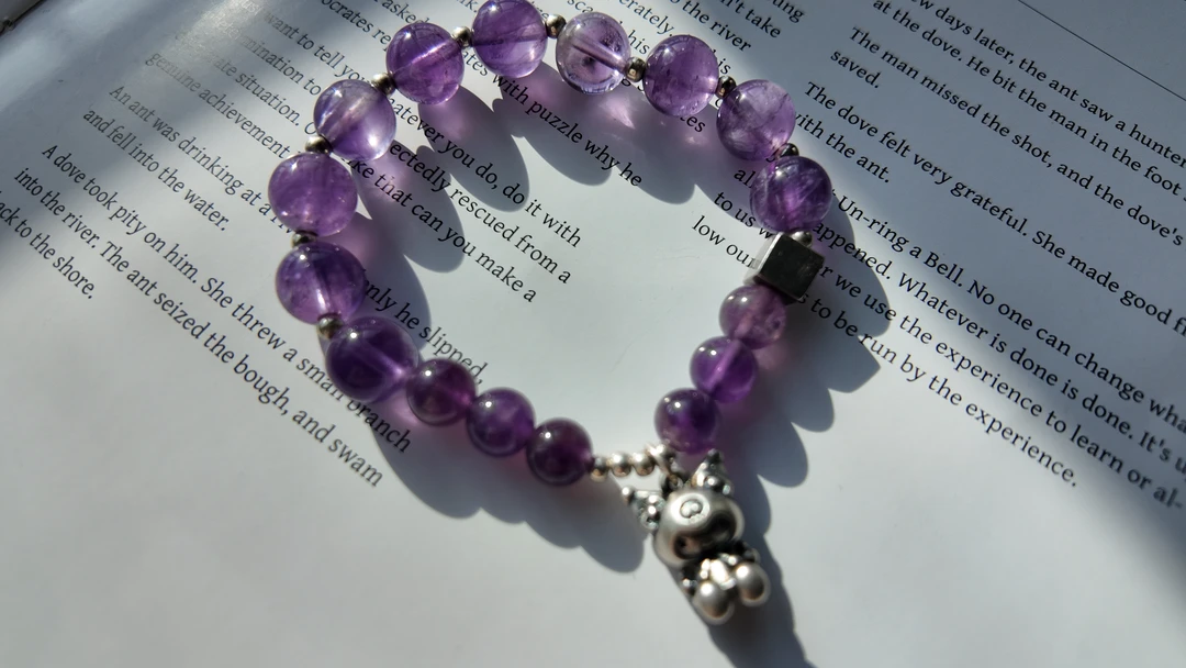 天然水晶紫水晶7~10mm单圈手串S925银库洛米方糖配饰手工原创小众